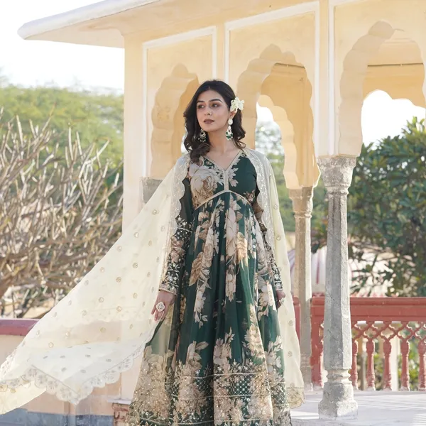 White_And_Green_Premium_Readymade_Alia_Cut_Gown_With_Dupatta_Set_For_Women