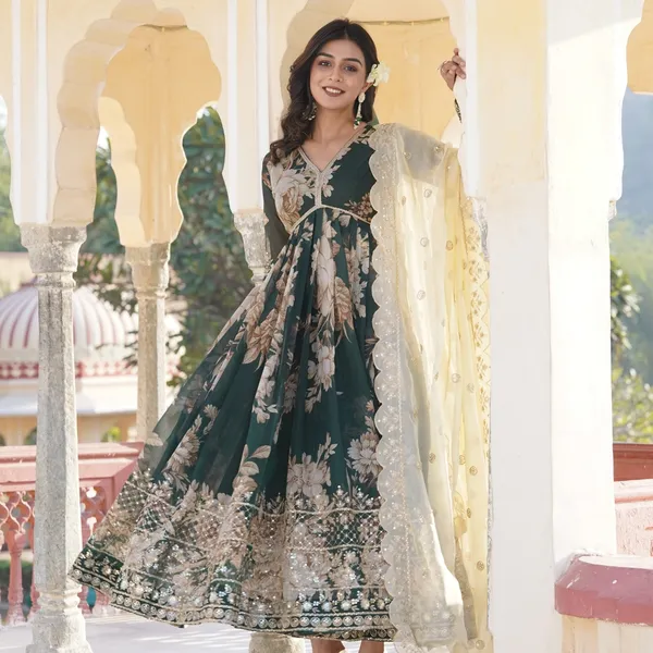 White_And_Green_Premium_Readymade_Alia_Cut_Gown_With_Dupatta_Set_For_Women