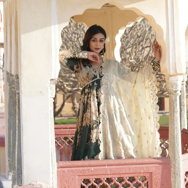 White_And_Green_Premium_Readymade_Alia_Cut_Gown_With_Dupatta_Set_For_Women