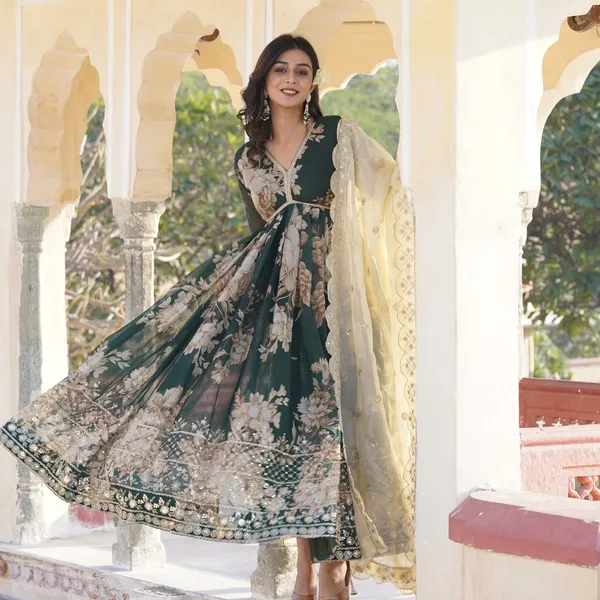 White_And_Green_Premium_Readymade_Alia_Cut_Gown_With_Dupatta_Set_For_Women