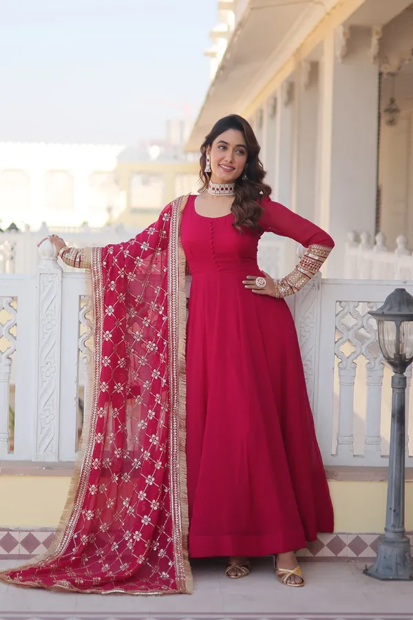 Pink_Faux_Blooming_Gown_With_Dupatta_With_Attractive_Embroidered_Sequins_Work_With_Lace_Border_For_Women
