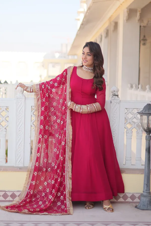 Pink_Faux_Blooming_Gown_With_Dupatta_With_Attractive_Embroidered_Sequins_Work_With_Lace_Border_For_Women