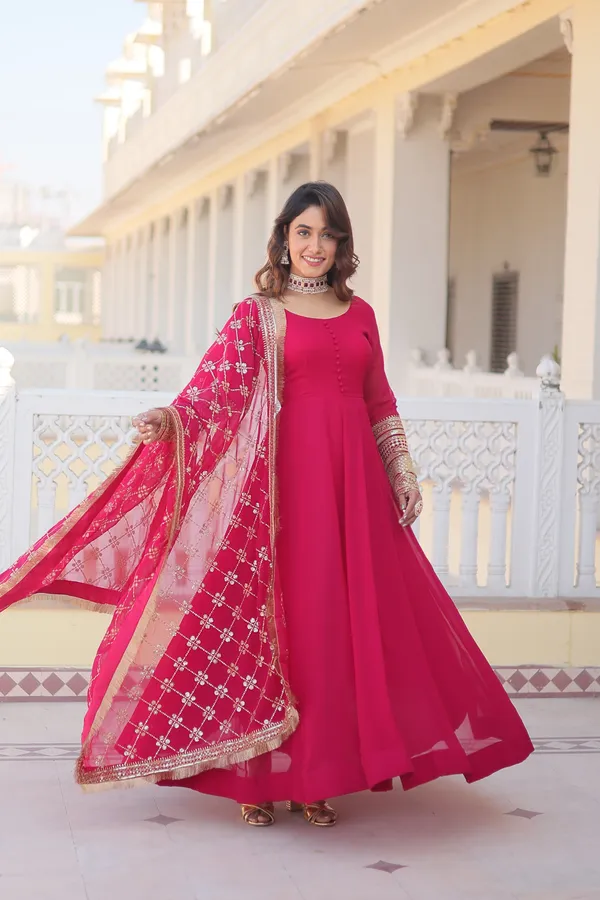 Pink_Faux_Blooming_Gown_With_Dupatta_With_Attractive_Embroidered_Sequins_Work_With_Lace_Border_For_Women