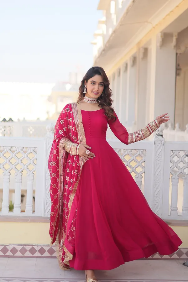 Pink_Faux_Blooming_Gown_With_Dupatta_With_Attractive_Embroidered_Sequins_Work_With_Lace_Border_For_Women