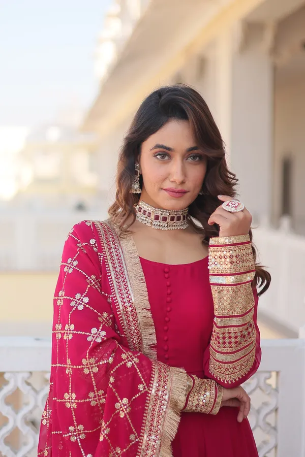 Pink_Faux_Blooming_Gown_With_Dupatta_With_Attractive_Embroidered_Sequins_Work_With_Lace_Border_For_Women