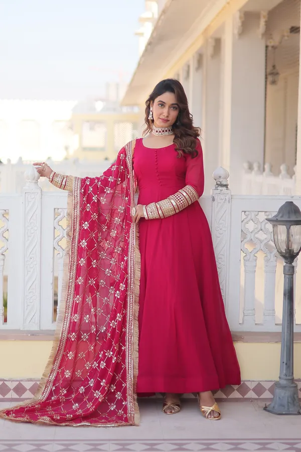 Pink_Faux_Blooming_Gown_With_Dupatta_With_Attractive_Embroidered_Sequins_Work_With_Lace_Border_For_Women
