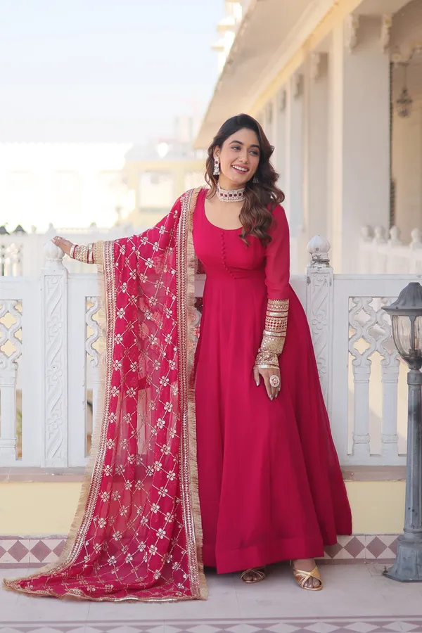 Pink_Faux_Blooming_Gown_With_Dupatta_With_Attractive_Embroidered_Sequins_Work_With_Lace_Border_For_Women