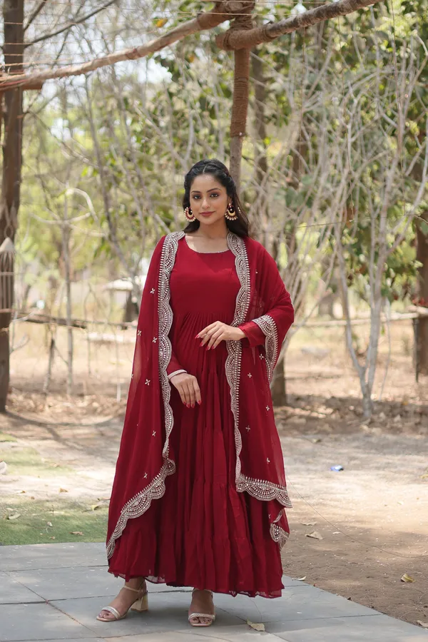 Maroon_Desirable_Fully_Flaired_Gown_Georgette_And_Designer_Embroidered_Dupatta_For_Women