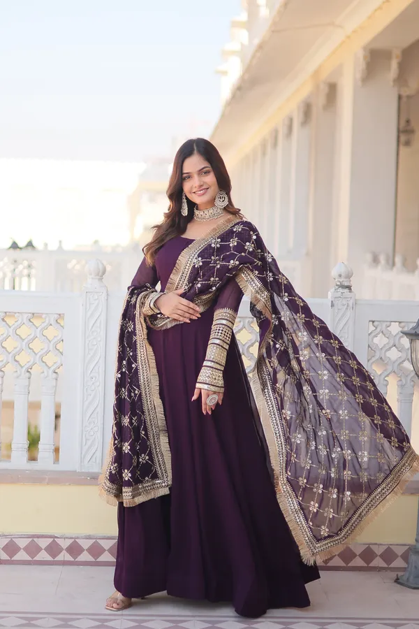 Wine_Faux_Blooming_Gown_With_Dupatta_With_Attractive_Embroidered_Sequins_Work_With_Lace_Border_For_Women