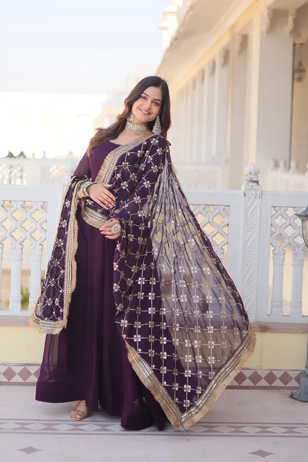 Wine_Faux_Blooming_Gown_With_Dupatta_With_Attractive_Embroidered_Sequins_Work_With_Lace_Border_For_Women
