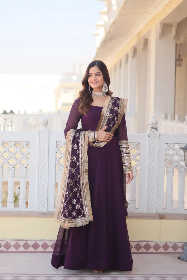 Wine_Faux_Blooming_Gown_With_Dupatta_With_Attractive_Embroidered_Sequins_Work_With_Lace_Border_For_Women