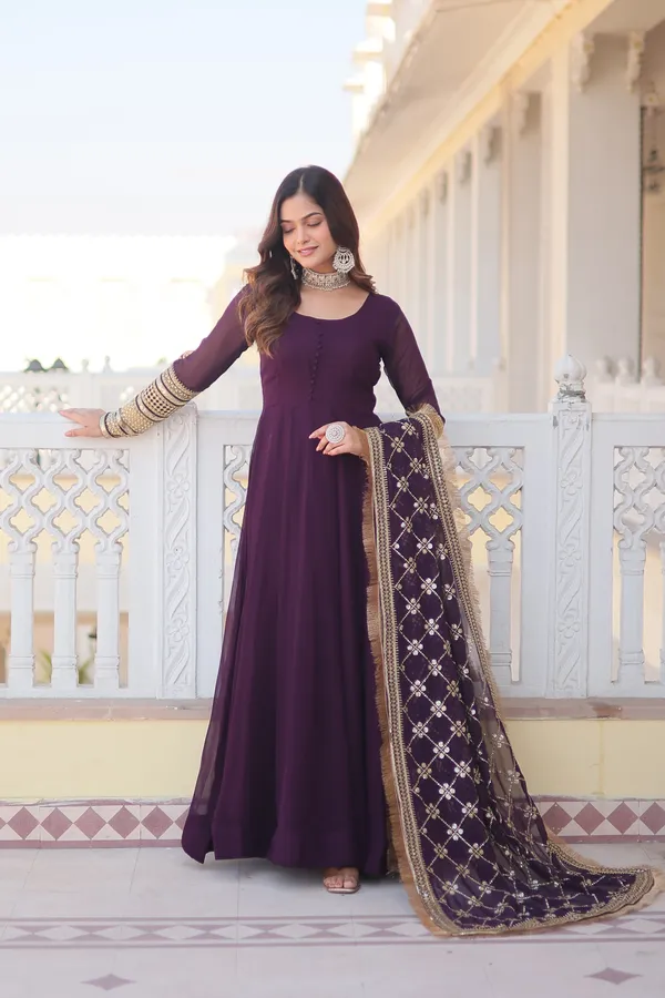 Wine_Faux_Blooming_Gown_With_Dupatta_With_Attractive_Embroidered_Sequins_Work_With_Lace_Border_For_Women