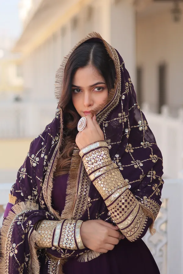 Wine_Faux_Blooming_Gown_With_Dupatta_With_Attractive_Embroidered_Sequins_Work_With_Lace_Border_For_Women
