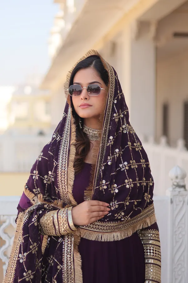 Wine_Faux_Blooming_Gown_With_Dupatta_With_Attractive_Embroidered_Sequins_Work_With_Lace_Border_For_Women