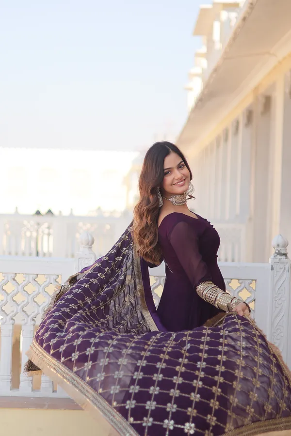 Wine_Faux_Blooming_Gown_With_Dupatta_With_Attractive_Embroidered_Sequins_Work_With_Lace_Border_For_Women