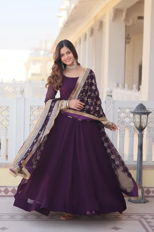 Wine_Faux_Blooming_Gown_With_Dupatta_With_Attractive_Embroidered_Sequins_Work_With_Lace_Border_For_Women