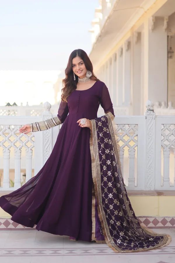 Wine_Faux_Blooming_Gown_With_Dupatta_With_Attractive_Embroidered_Sequins_Work_With_Lace_Border_For_Women