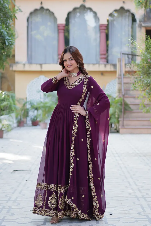 Wine_Gown_Ethnic_Design_With_Dupatta_Set_Ethnic_Wear_Push_Premium_For_Women