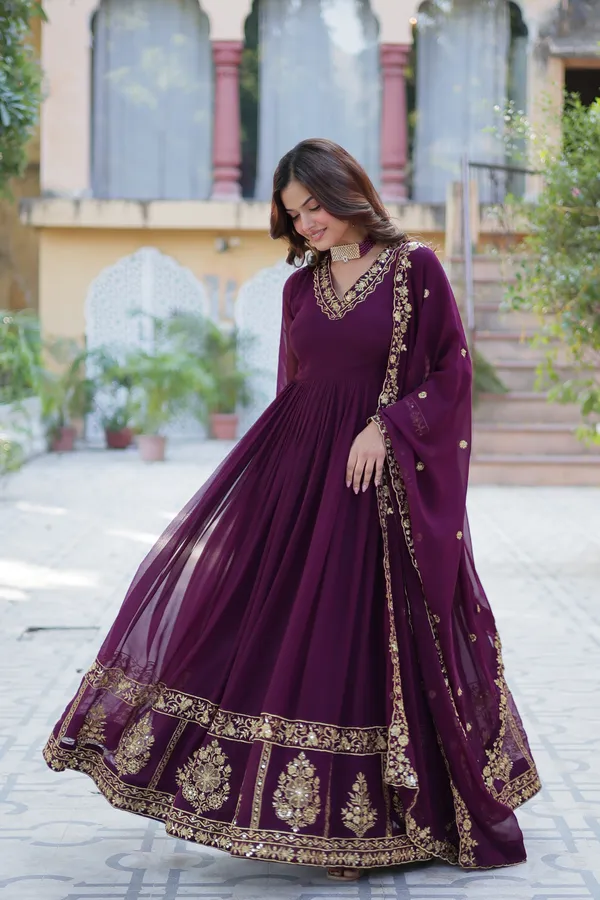 Wine_Gown_Ethnic_Design_With_Dupatta_Set_Ethnic_Wear_Push_Premium_For_Women