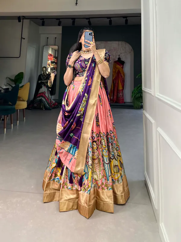 Peach_Dola_Silk_Kalamkari_Print_the_lehenga_choli_For_Women