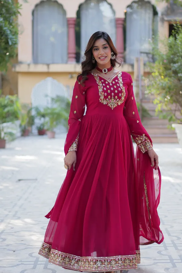 Pink_Embroidery_Faux_Design_Solid_Anarkali_Kurta_With_Dupatta_Set_Push_premium_For_Women