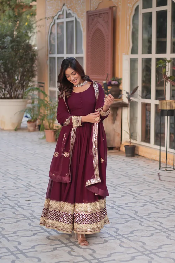 Wine_Faux_Blooming_with_Embroidery_Zari__Gowns_For_Women
