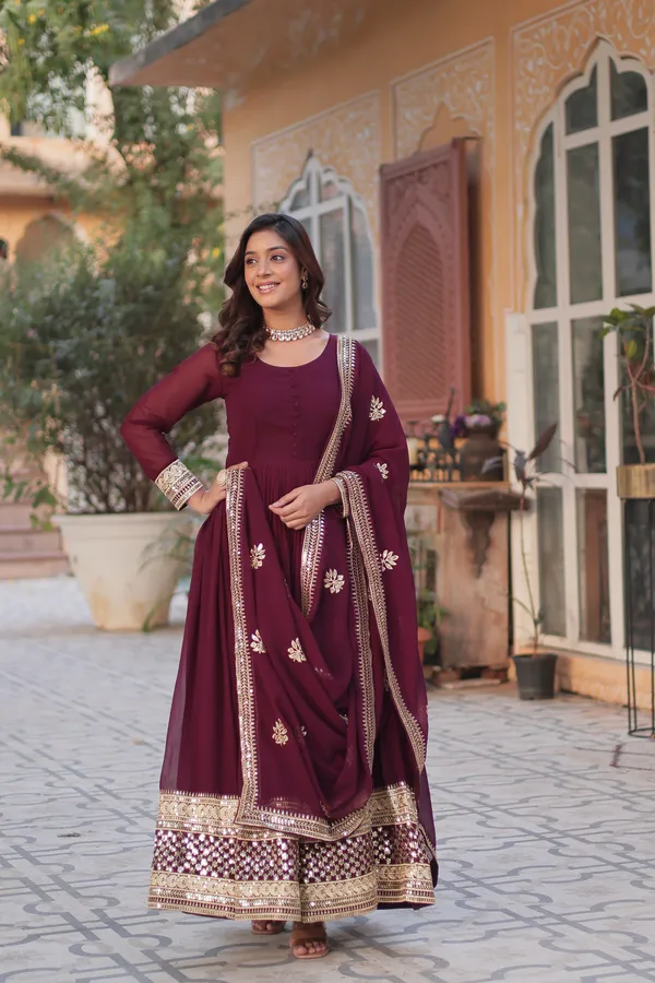 Wine_Faux_Blooming_with_Embroidery_Zari__Gowns_For_Women