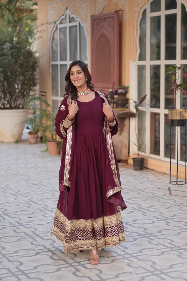 Wine_Faux_Blooming_with_Embroidery_Zari__Gowns_For_Women