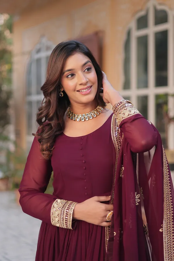 Wine_Faux_Blooming_with_Embroidery_Zari__Gowns_For_Women