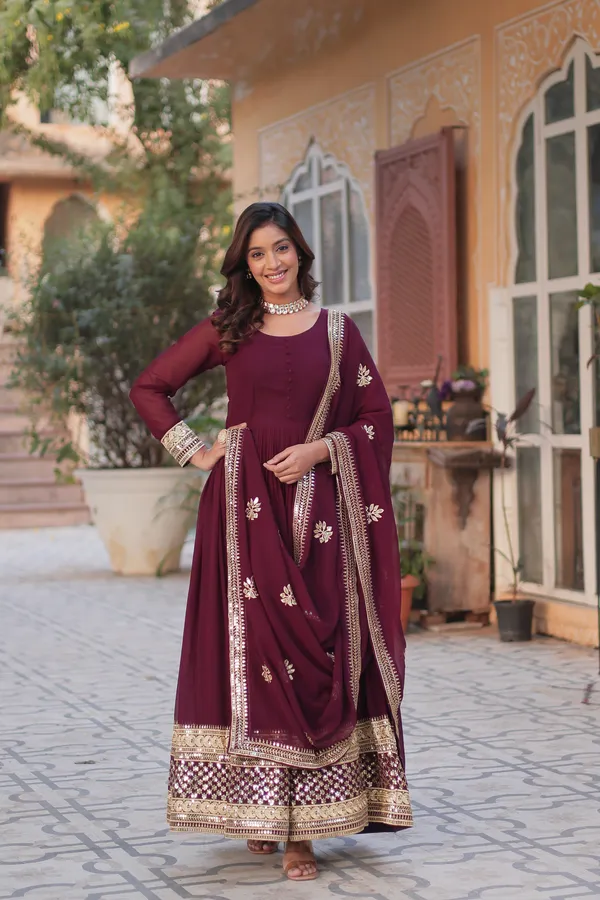 Wine_Faux_Blooming_with_Embroidery_Zari__Gowns_For_Women