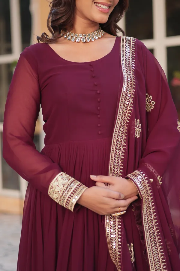 Wine_Faux_Blooming_with_Embroidery_Zari__Gowns_For_Women