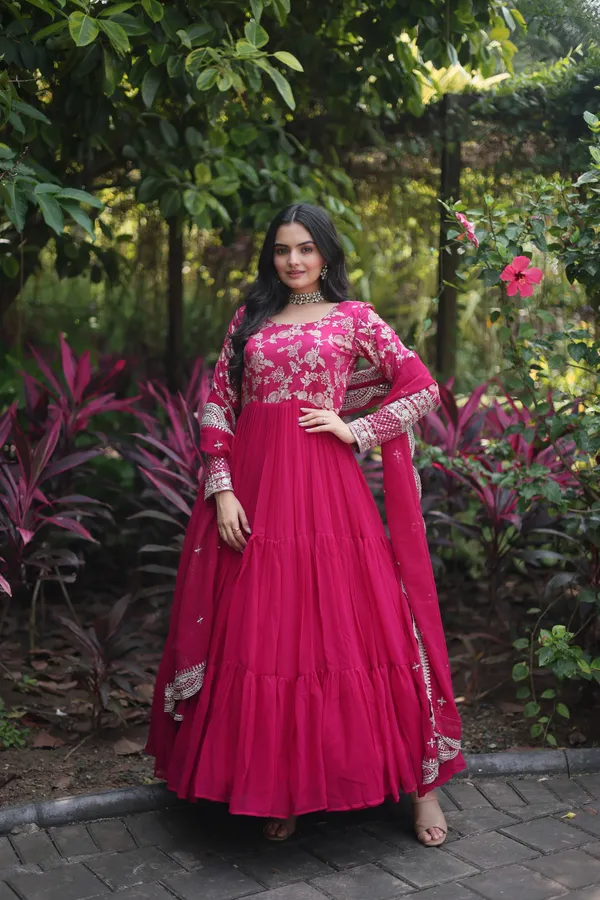 Pink_Faux_Blooming_Gown_With_Viscose_Dyable_Jacquard_With_Sequins_Embroidered_Work_Faux_Blooming_Dupatta_For_Women