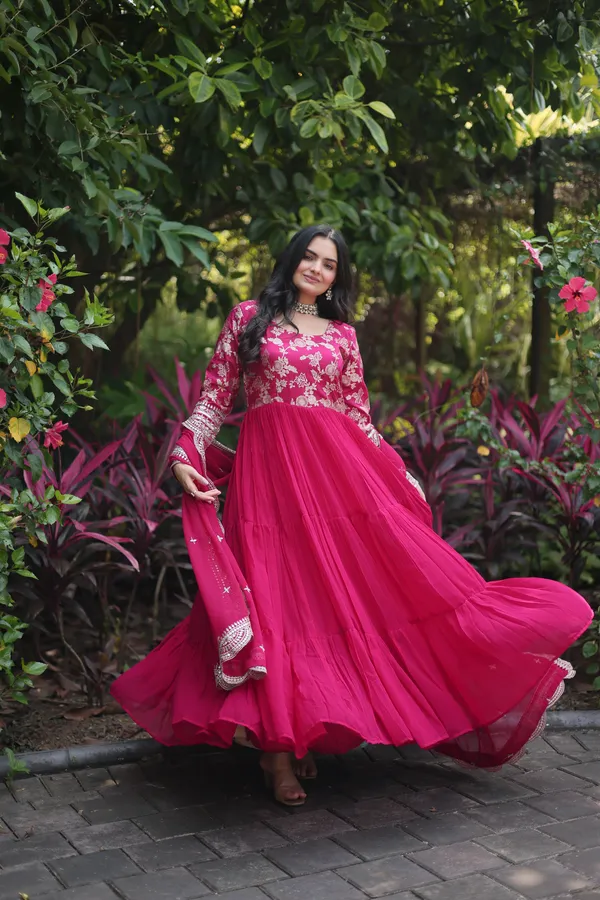 Pink_Faux_Blooming_Gown_With_Viscose_Dyable_Jacquard_With_Sequins_Embroidered_Work_Faux_Blooming_Dupatta_For_Women