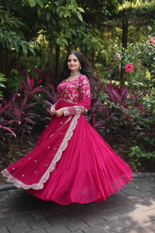 Pink_Faux_Blooming_Gown_With_Viscose_Dyable_Jacquard_With_Sequins_Embroidered_Work_Faux_Blooming_Dupatta_For_Women