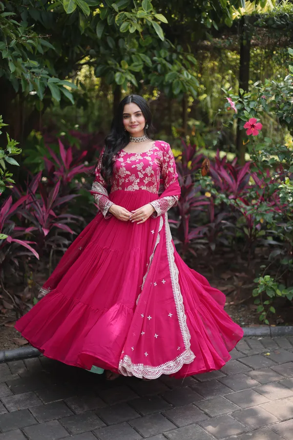 Pink_Faux_Blooming_Gown_With_Viscose_Dyable_Jacquard_With_Sequins_Embroidered_Work_Faux_Blooming_Dupatta_For_Women