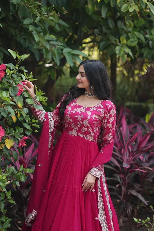 Pink_Faux_Blooming_Gown_With_Viscose_Dyable_Jacquard_With_Sequins_Embroidered_Work_Faux_Blooming_Dupatta_For_Women