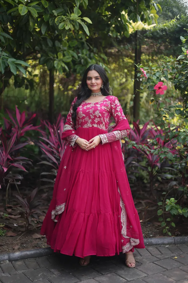 Pink_Faux_Blooming_Gown_With_Viscose_Dyable_Jacquard_With_Sequins_Embroidered_Work_Faux_Blooming_Dupatta_For_Women
