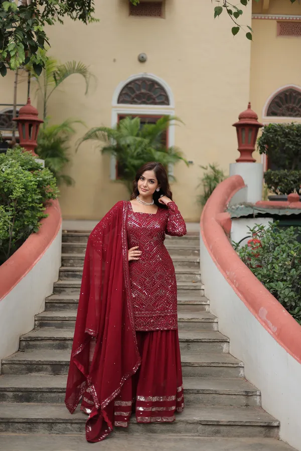 Maroon_Georgette_With_Embroidered_Work_ShararaPush_Premium_For_Women