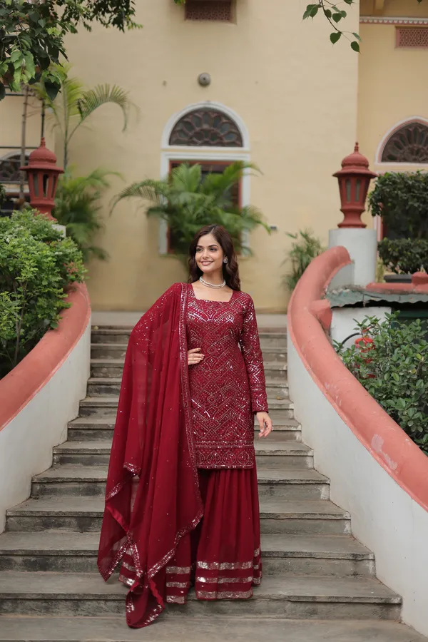 Maroon_Georgette_With_Embroidered_Work_ShararaPush_Premium_For_Women