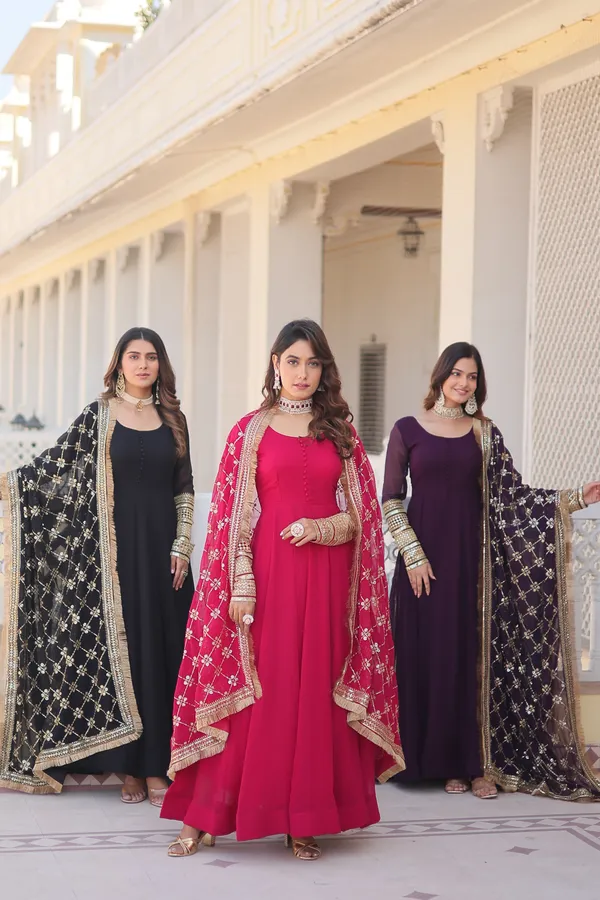 Black_Faux_Blooming_Gown_With_Dupatta_With_Attractive_Embroidered_Sequins_Work_With_Lace_Border_For_Women