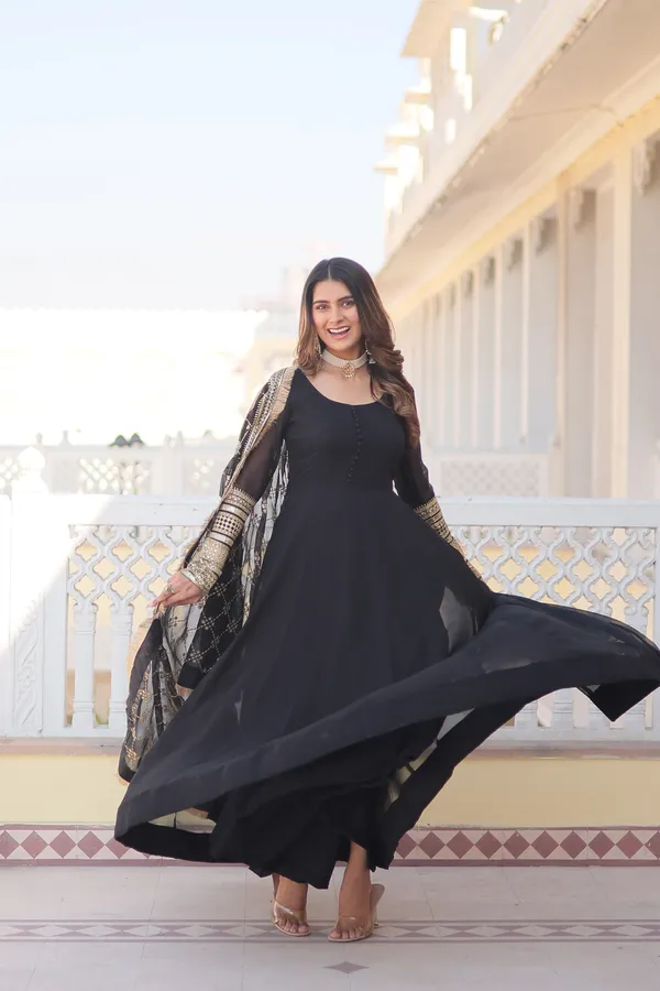Black_Faux_Blooming_Gown_With_Dupatta_With_Attractive_Embroidered_Sequins_Work_With_Lace_Border_For_Women