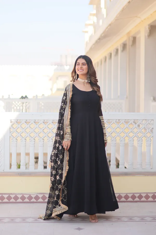 Black_Faux_Blooming_Gown_With_Dupatta_With_Attractive_Embroidered_Sequins_Work_With_Lace_Border_For_Women
