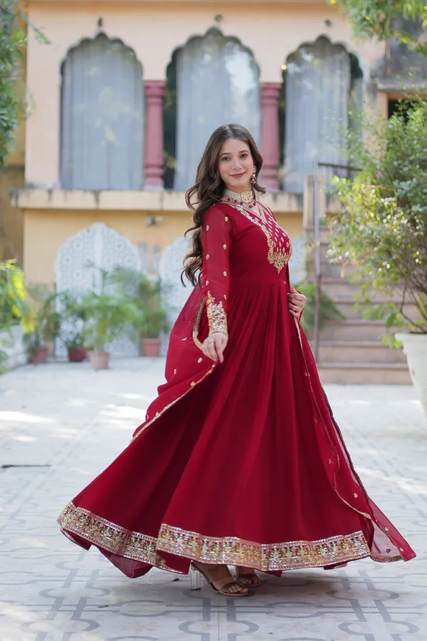 Maroon_Embroidery_Faux_Design_Anarkali_Kurta_With_Dupatta_Set_Push_premium_For_Women