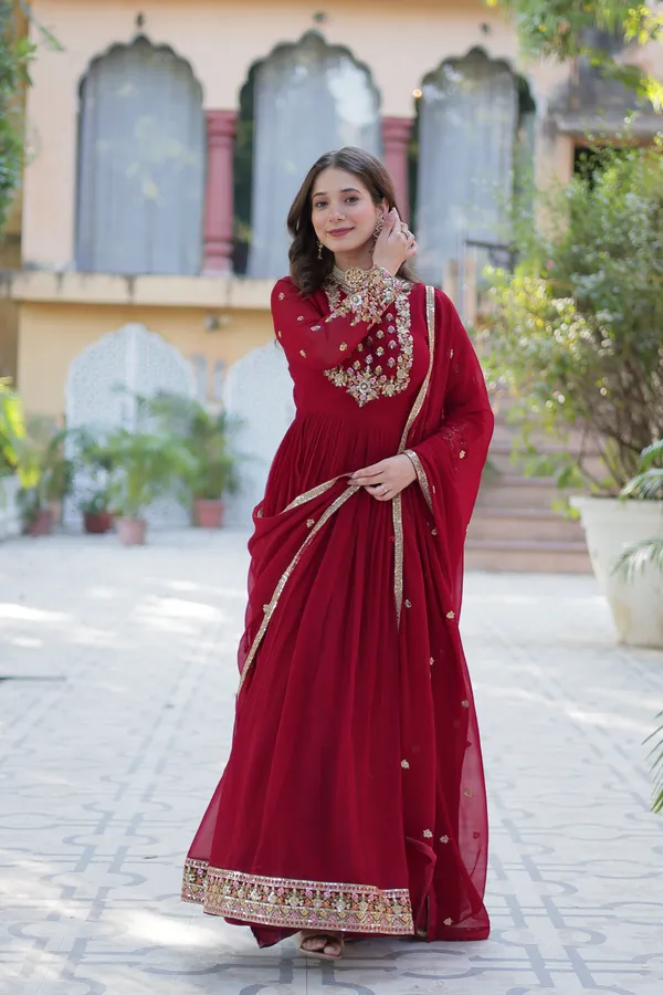 Maroon_Embroidery_Faux_Design_Anarkali_Kurta_With_Dupatta_Set_Push_premium_For_Women