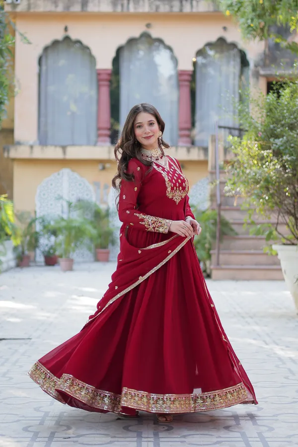 Maroon_Embroidery_Faux_Design_Anarkali_Kurta_With_Dupatta_Set_Push_premium_For_Women
