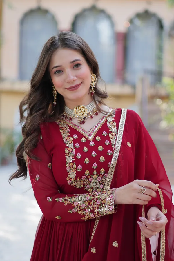 Maroon_Embroidery_Faux_Design_Anarkali_Kurta_With_Dupatta_Set_Push_premium_For_Women