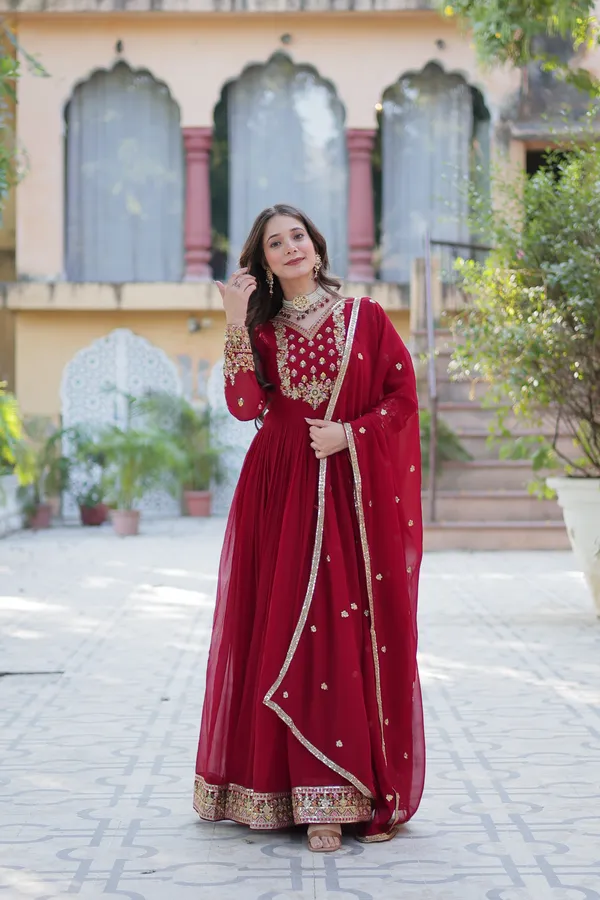 Maroon_Embroidery_Faux_Design_Anarkali_Kurta_With_Dupatta_Set_Push_premium_For_Women