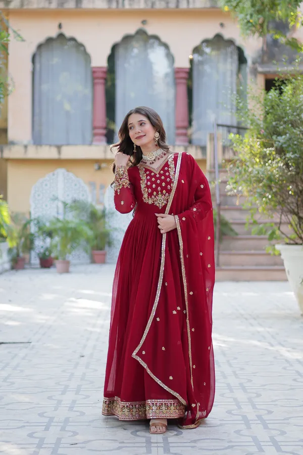 Maroon_Embroidery_Faux_Design_Anarkali_Kurta_With_Dupatta_Set_Push_premium_For_Women