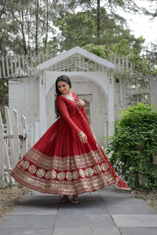 Maroon_Faux_Blooming_Gown_With_Dupatta_With_Attractive_Embroidered_Sequins_Work_With_Lace_Border_For_Women