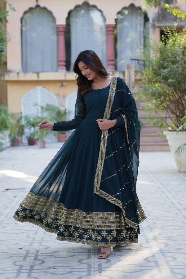 Dark_Green_Embroidery_Faux_Design_Gown_With_Dupatta_Set_Push_Premium_For_Women